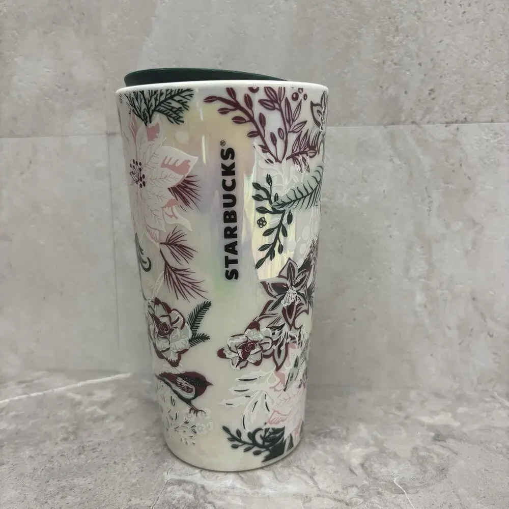 Starbucks 2022 Ceramic Tumbler Holiday Pink Enchanted Forest Floral Cup 12oz